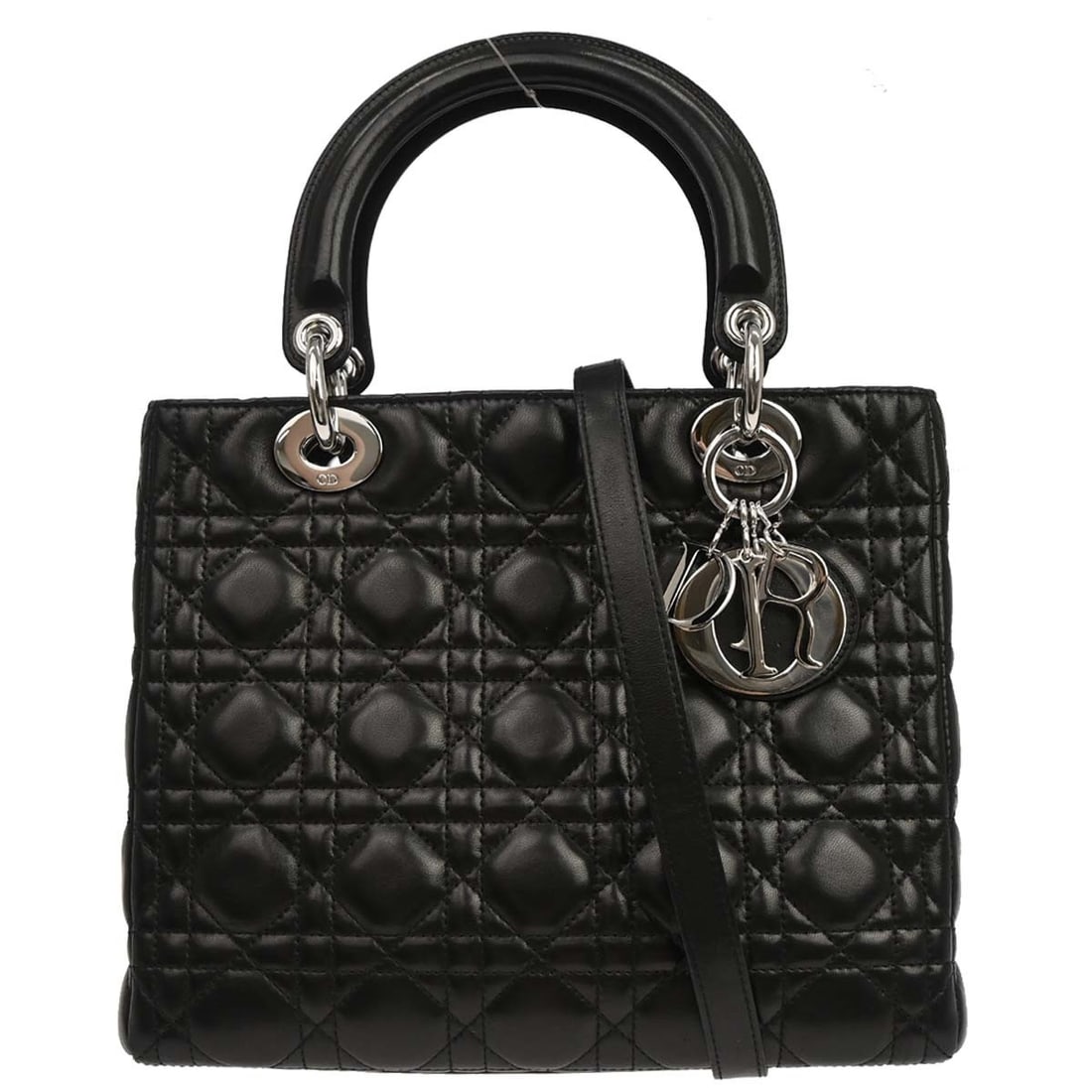 Dior Lady Dior black lambskin cannage satchel handbag 2way: Dior Lady Dior black lambskin cannage satchel handbag 2way This Christian Dior Lady Dior handbag features luxurious black lambskin leather with the signature Cannage quilting. Designed in a medium siz