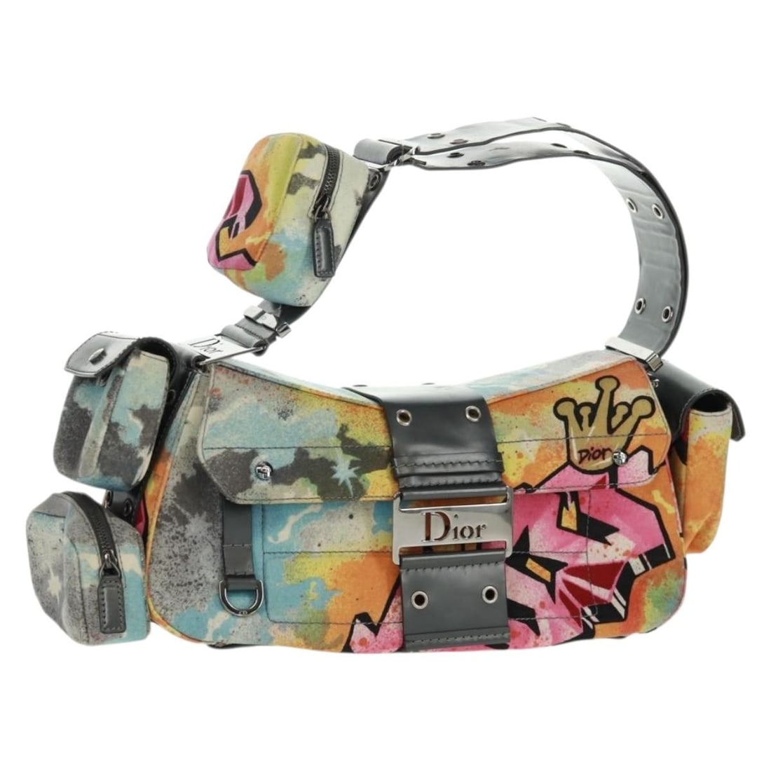 Christian Dior Galliano Canvas Shoulder Bag Multicolor Silver SS 2024 with Accessories: Christian Dior Galliano Canvas Shoulder Bag Multicolor Silver SS 2024 with Accessories This Christian Dior shoulder bag from the John Galliano Spring/Summer 2024 collection features a multicolor and s