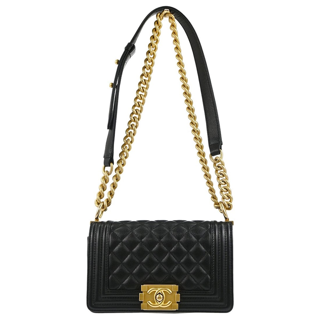 CHANEL Boy Black Calfskin Mini Chain Strap Shoulder Bag: CHANEL Boy Black Calfskin Mini Chain Strap Shoulder Bag This Boy Chanel small chain shoulder bag is crafted from black leather with a fabric lining. It features a clasp flap closure, a chain strap, an