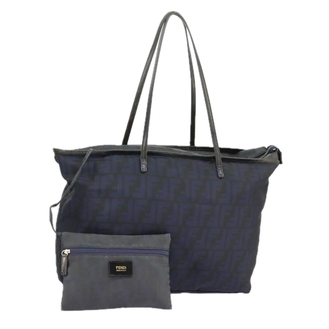 Fendi Zucca navy canvas tote: Fendi Zucca navy canvas tote This Fendi Zucca Tote bag features the iconic FF motif in navy canvas. Designed for women, it offers a spacious interior and classic style. The bag shows signs of use, inc
