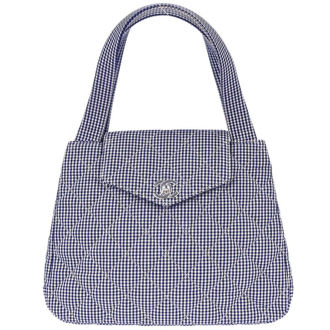 CHANEL gingham canvas top handle bag: CHANEL gingham canvas top handle bag This Chanel handbag features a blue and white gingham check canvas exterior, offering a stylish and casual look. The medium-sized bag is designed with a top handle