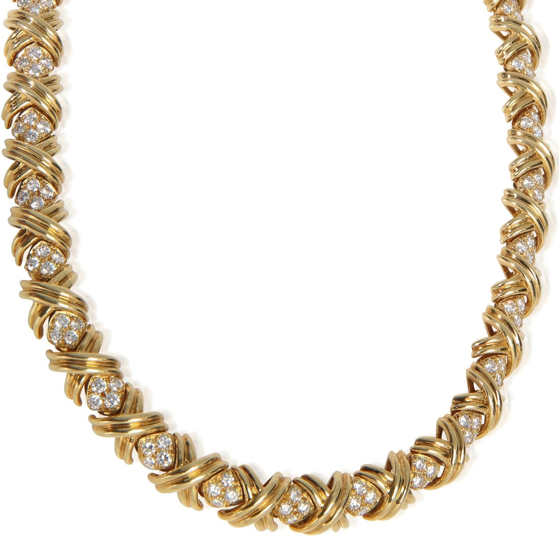 Tiffany & Co. X Collection 18k Yellow Gold Diamond Necklace: Tiffany & Co. X Collection 18k Yellow Gold Diamond Necklace This Tiffany & Co. X Collection necklace features a sophisticated design crafted in 18k yellow gold. The necklace is adorned with round bril
