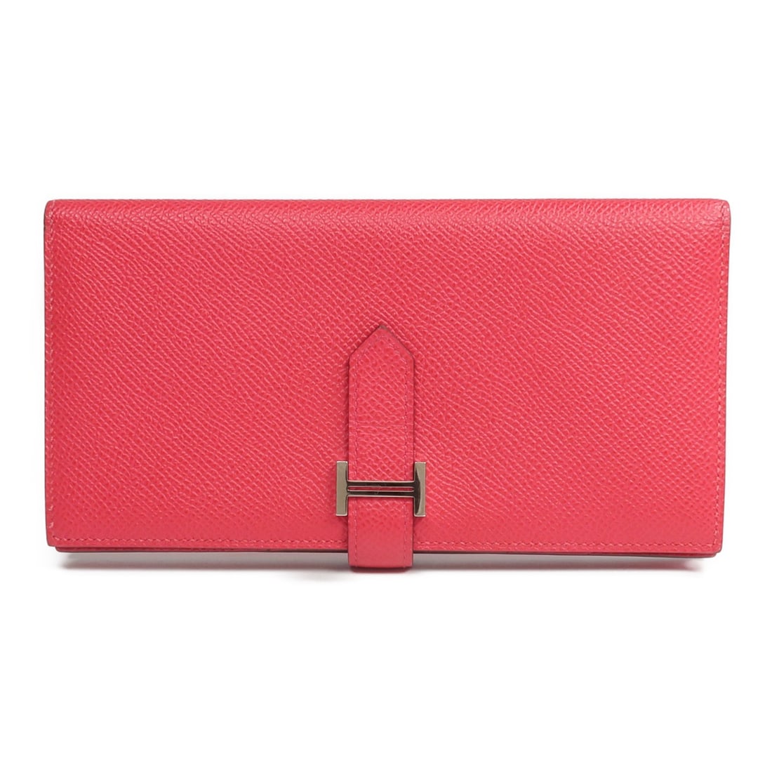 Hermes Bearn bifold wallet Epsom leather Framboise PHW: Hermes Bearn bifold wallet Epsom leather Framboise PHW This Hermes Bearn wallet is crafted from Epsom calfskin leather in a vibrant framboise red. Designed in a classic bifold style, it is tailored fo