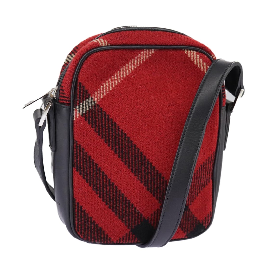 Wool Shoulder Purse in Red and Silver Nova Check by Burberry: Wool Shoulder Purse in Red and Silver Nova Check by Burberry This Burberry Nova Check shoulder bag features a red and silver wool exterior with a classic design. The bag is sized for women and include