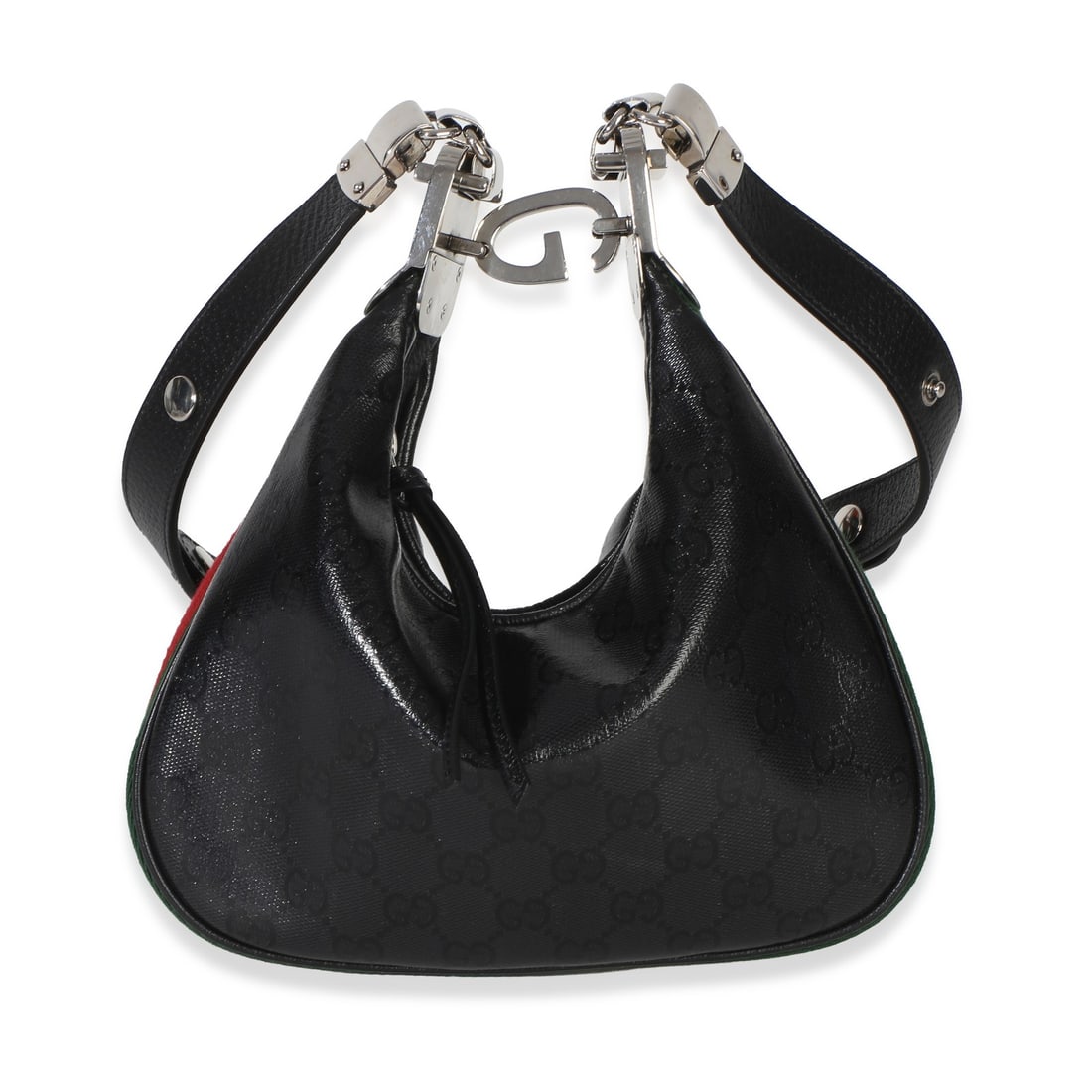 Gucci Black GG Crystal Coated Canvas Crossbody Bag with Strap: Gucci Black GG Crystal Coated Canvas Crossbody Bag with Strap This Gucci Small Attache Crossbody Bag features a black GG crystal coated canvas exterior with leather trim and silver-tone hardware. The 