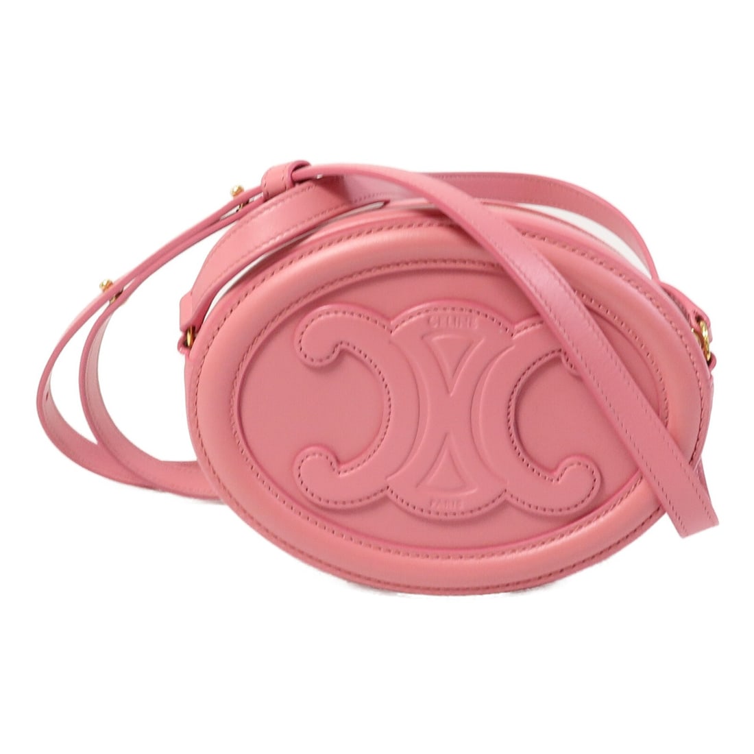 CELINE Triomphe Oval Pink Calfskin Shoulder Bag GHW: CELINE Triomphe Oval Pink Calfskin Shoulder Bag GHW This CELINE shoulder bag features the elegant Cuir Triomphe oval design in pink calfskin leather. Crafted for women, it offers a sophisticated look 