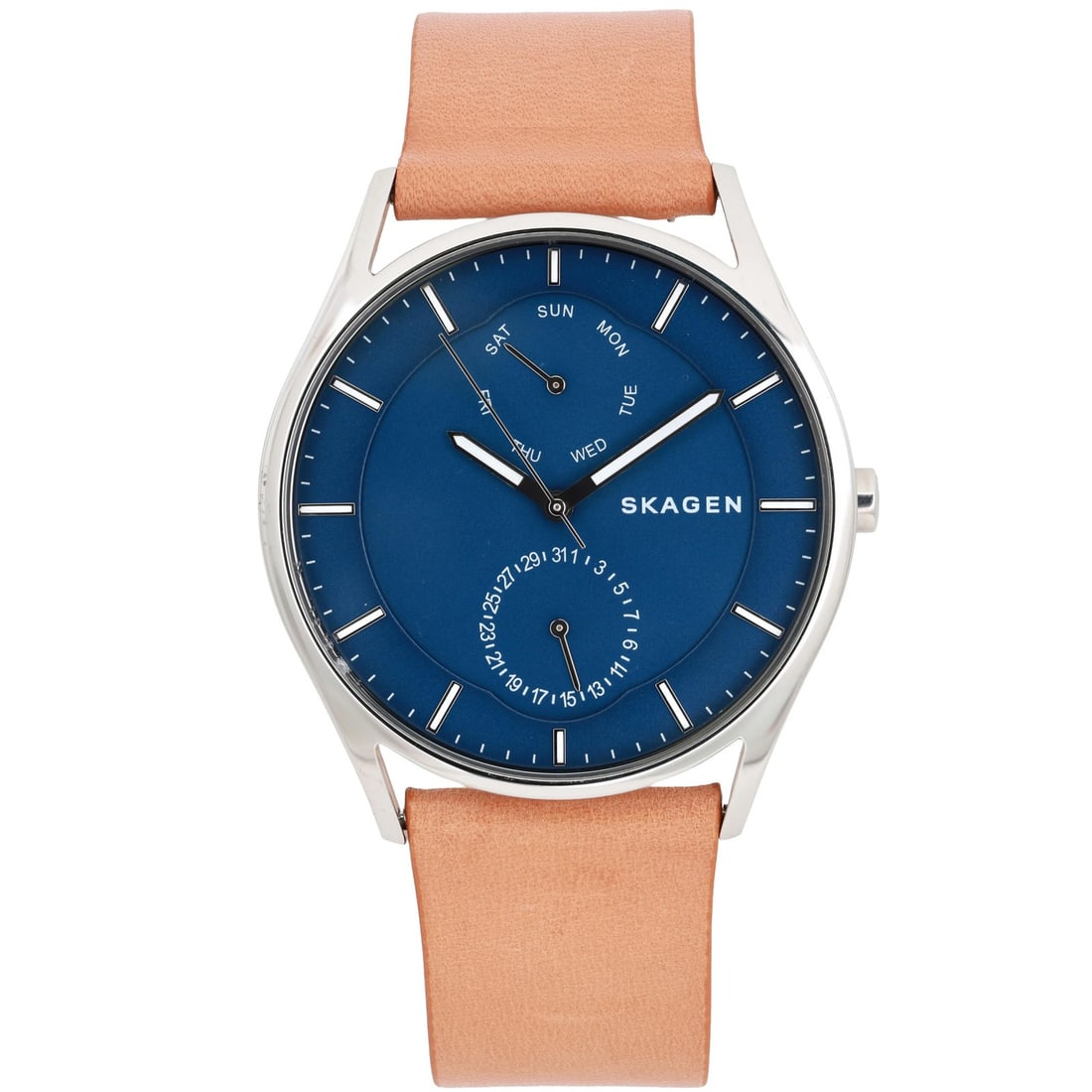 Skagen Holst SKW6369 40mm Blue Dial Quartz Watch with Brown Leather Band: Skagen Holst SKW6369 40mm Blue Dial Quartz Watch with Brown Leather Band The Skagen Holst Multifunction 40mm Quartz Watch combines a stylish design with practical features, making it a perfect accesso
