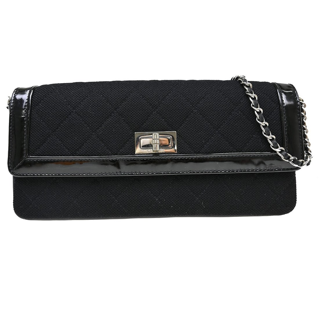 CHANEL Chocolate Bar black cotton chain shoulder bag: CHANEL Chocolate Bar black cotton chain shoulder bag This Chanel Black Cotton East West Mademoiselle Lock Shoulder Bag features a medium-sized silhouette with a flap turnlock closure and a single chai