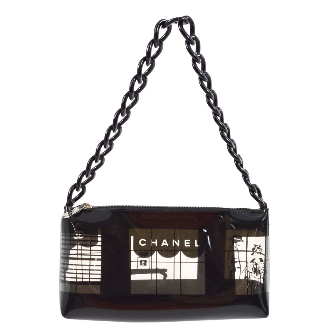CHANEL black vinyl shoulder bag window chain Italy: CHANEL black vinyl shoulder bag window chain Italy This Chanel shoulder bag features a sleek black vinyl exterior with a distinctive window design and a chain leather strap. Made in Italy, the bag off