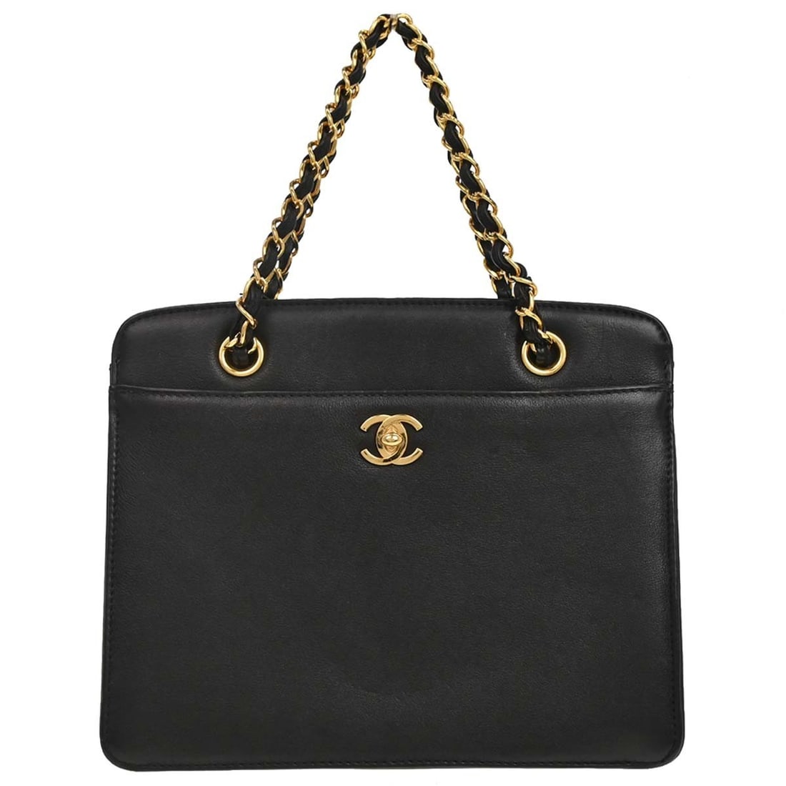 CHANEL Matelasse Black Lambskin Top Handle Tote: CHANEL Matelasse Black Lambskin Top Handle Tote This Chanel tote handbag features luxurious black lambskin leather with a signature matelasse quilted pattern. The medium-sized bag is designed with a t