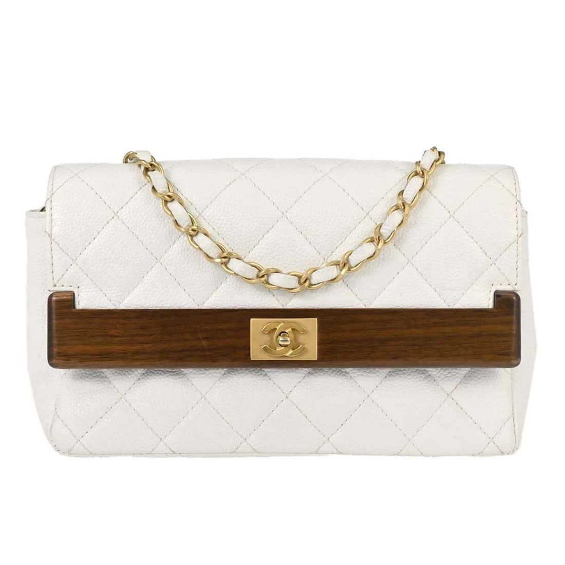 CHANEL White Calfskin Shoulder Bag Straight Flap Small: CHANEL White Calfskin Shoulder Bag Straight Flap Small This Chanel shoulder bag features a white calfskin leather exterior with a straight flap design and wooden accents. Designed for women, it has a 
