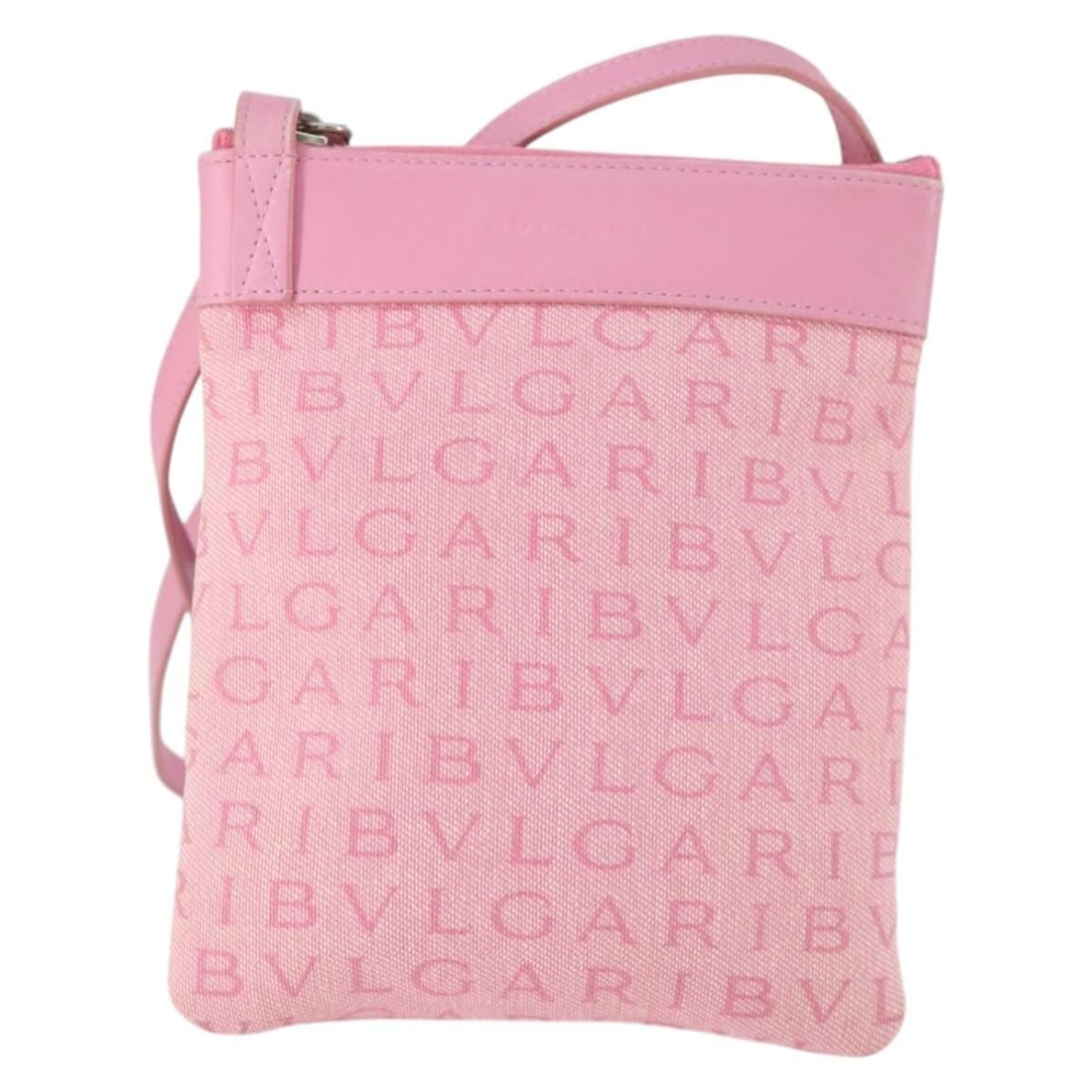 Pink Canvas and Leather Shoulder Bag by Bvlgari Logomania: Pink Canvas and Leather Shoulder Bag by Bvlgari Logomania This Bvlgari Logomania shoulder bag is crafted from pink canvas with leather accents. Designed for women, it features a spacious silhouette su