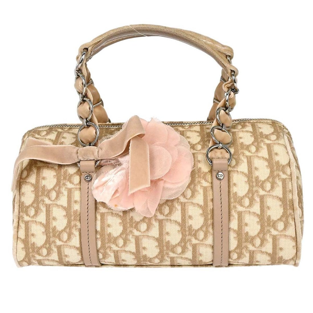 Dior Romantique Trotter Beige Canvas Top Handle Bag: Dior Romantique Trotter Beige Canvas Top Handle Bag This Christian Dior Beige Romantique Trotter handbag features a compact, small size with double handles and a 3-inch handle drop. Crafted from durab