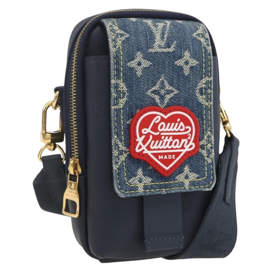 LOUIS VUITTON Blue Squared Double Phone Pouch M81060 with Dust Bag: LOUIS VUITTON Blue Squared Double Phone Pouch M81060 with Dust Bag Discover the elegance of the LOUIS VUITTON LV Squared Double Phone Pouch in a striking blue canvas. This stylish pouch is expertly cr