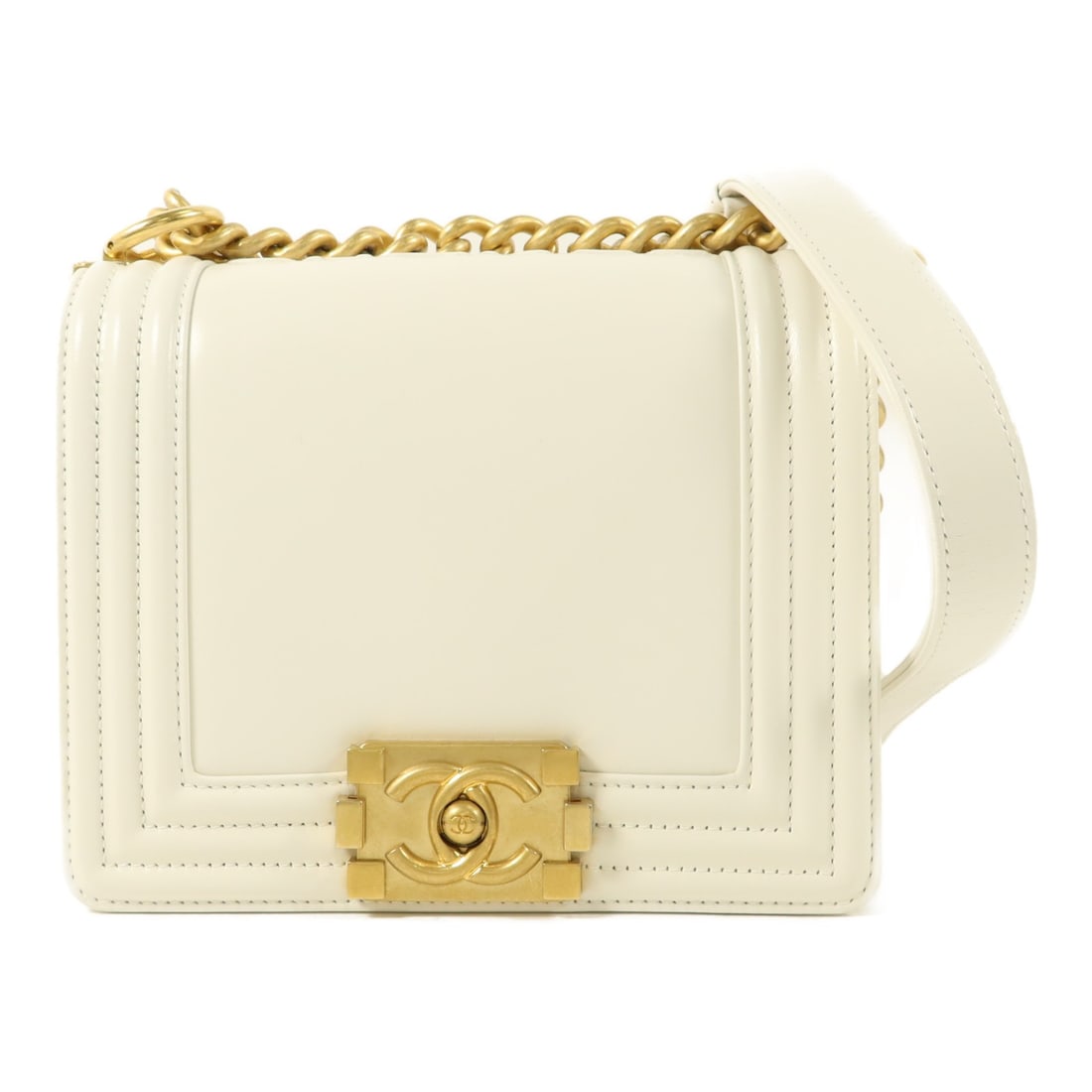 CHANEL Mini Boy Chain Shoulder Bag White Calfskin GHW: CHANEL Mini Boy Chain Shoulder Bag White Calfskin GHW This CHANEL Mini Boy Chain Shoulder Bag features a classic white calfskin leather exterior with gold-tone hardware. Designed for women, the bag of