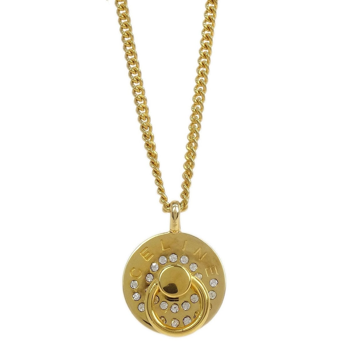 Celine Gold Plated Round Pendant Necklace with Rhinestones: Celine Gold Plated Round Pendant Necklace with Rhinestones Elevate your jewelry collection with this stunning Celine Gold Chain Pendant Medallion Necklace. This exquisite piece features a round charm 