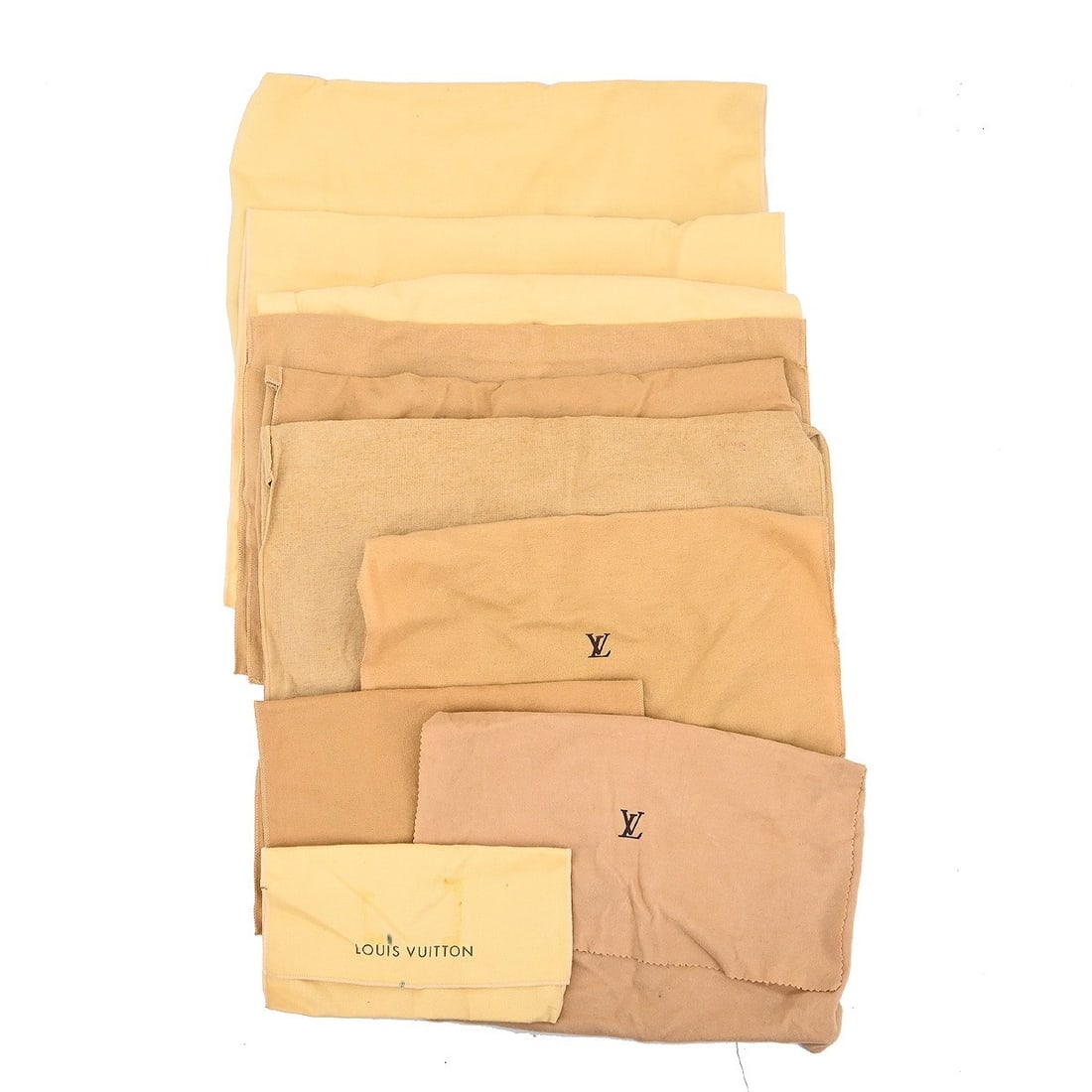 Set of 10 Cotton Louis Vuitton Brown Beige Dust Bags: Set of 10 Cotton Louis Vuitton Brown Beige Dust Bags This set includes ten Louis Vuitton dust bags crafted from 100% cotton in brown and beige tones. Designed for unisex use, these dust bags offer pra