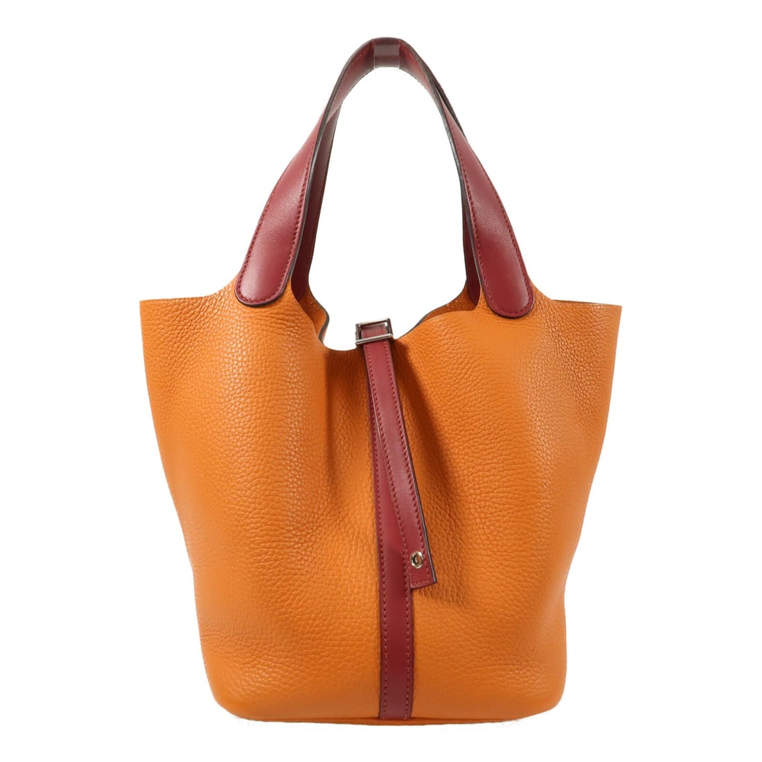 Hermes Picotin MM Orange Clemence Leather Tote with Palladium Hardware: Hermes Picotin MM Orange Clemence Leather Tote with Palladium Hardware This Hermes Picotin MM tote bag features Taurillon Clemence calfskin leather in a striking combination of Rouge Grenade and orang