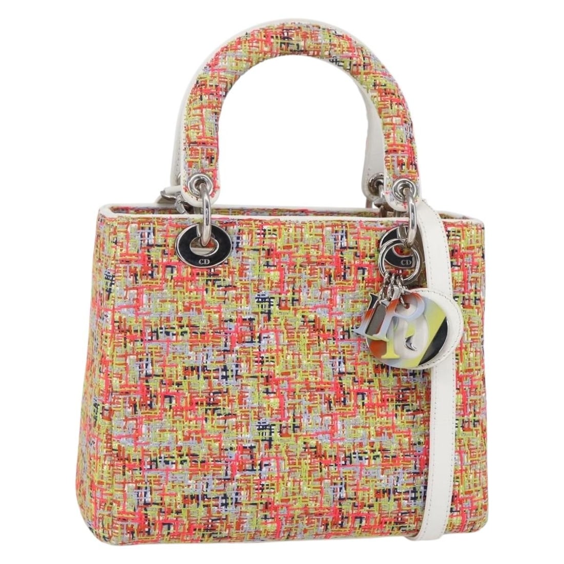 Christian Dior Lady Dior Multicolor Tweed Handbag with Authenticity: Christian Dior Lady Dior Multicolor Tweed Handbag with Authenticity Elevate your style with the Christian Dior Lady Dior Bag, a stunning piece crafted in Italy. This hand bag features a unique multico