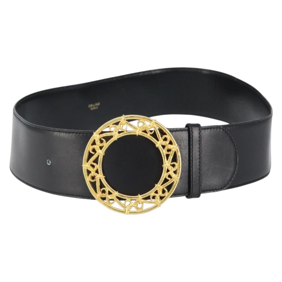 Black Leather CELINE Belt 31.5 Inch Gold Tone Buckle Italy: Black Leather CELINE Belt 31.5 Inch Gold Tone Buckle Italy This CELINE belt features black leather with gold-tone hardware. Made in Italy, it measures approximately 31.5 inches in total length and 2.0