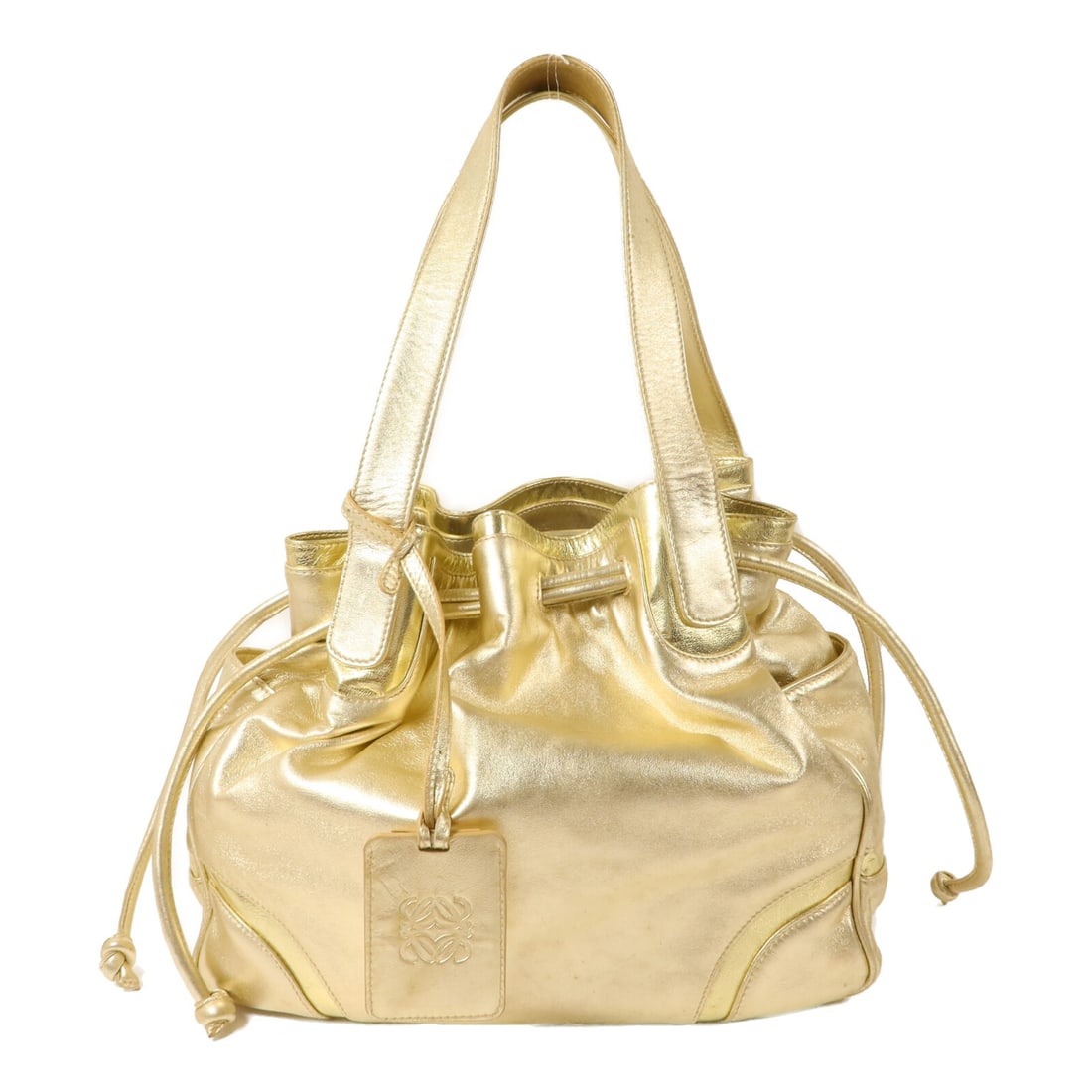 LOEWE Vintage Calfskin Shoulder Bag Gold Tone: LOEWE Vintage Calfskin Shoulder Bag Gold Tone This LOEWE vintage shoulder bag is crafted from luxurious calfskin leather in a gold tone, complemented by gold-colored frame accents. Designed for women,