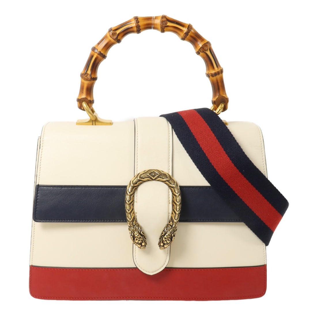 Gucci Dionysus Bamboo Medium Top Handle Calfskin 2way Shoulder Bag: Gucci Dionysus Bamboo Medium Top Handle Calfskin 2way Shoulder Bag This GUCCI Dionysus Bamboo Medium Top Handle bag features a classic white calfskin exterior accented with navy and red details. The s