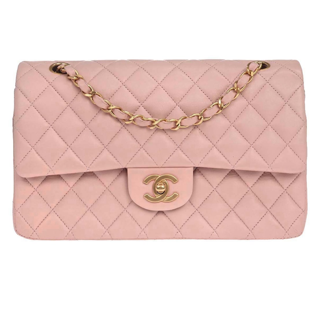 CHANEL Classic Double Flap Pink Lambskin Medium Shoulder Bag: CHANEL Classic Double Flap Pink Lambskin Medium Shoulder Bag This Chanel Classic Double Flap Shoulder Bag features luxurious pink lambskin leather and a timeless turn lock closure. Designed in a mediu