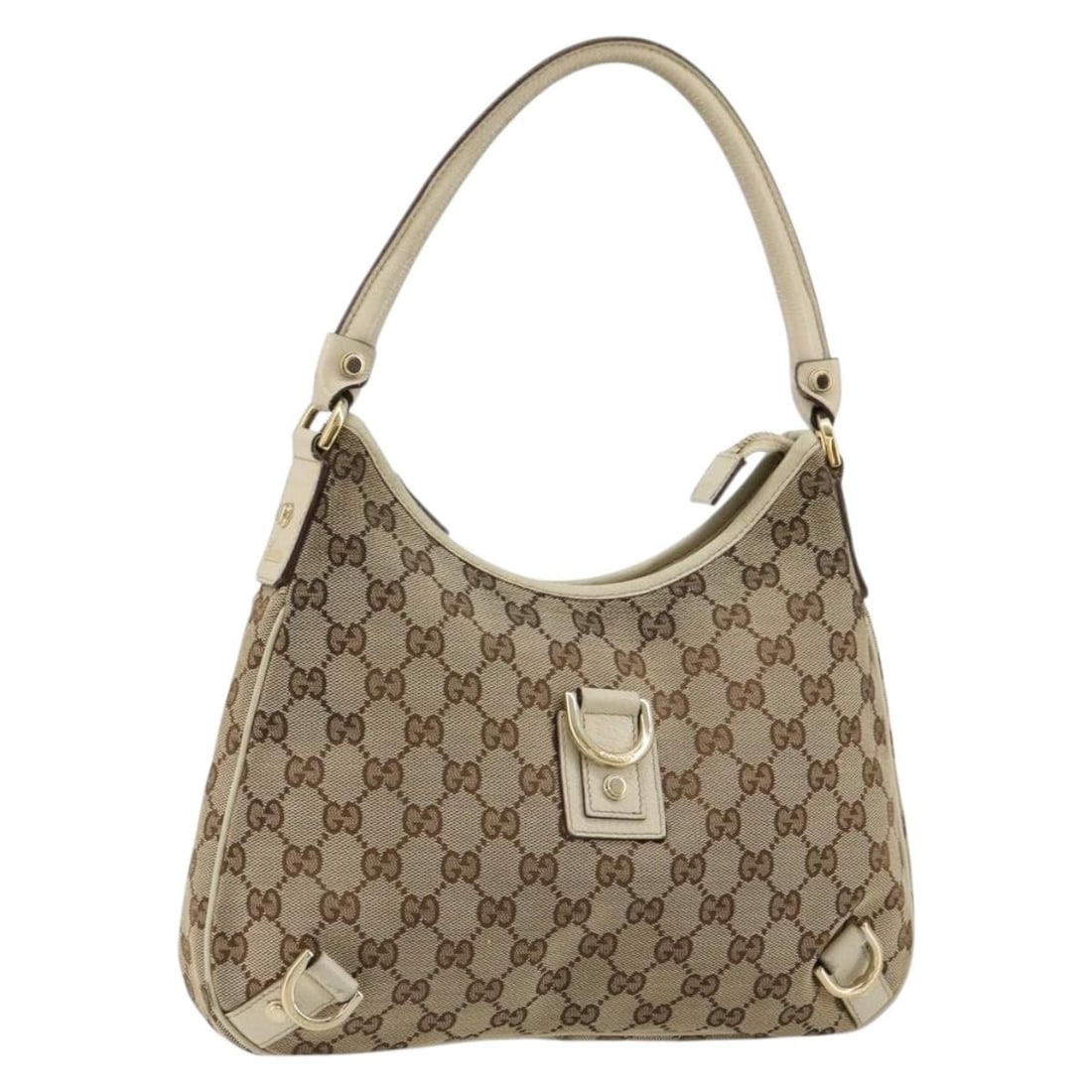 Gucci Abbey Beige Canvas Shoulder Bag: Gucci Abbey Beige Canvas Shoulder Bag The Gucci Abbey Shoulder Bag features the iconic GG canvas in beige, designed for unisex use. This Italian-made bag shows visible signs of wear, including surface