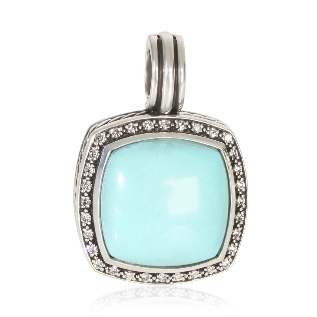 Albion Pendant in Sterling Silver with Turquoise and Diamonds by David Yurman: Albion Pendant in Sterling Silver with Turquoise and Diamonds by David Yurman This pre-owned David Yurman Albion pendant showcases a sterling silver setting with a round brilliant turquoise as the mai