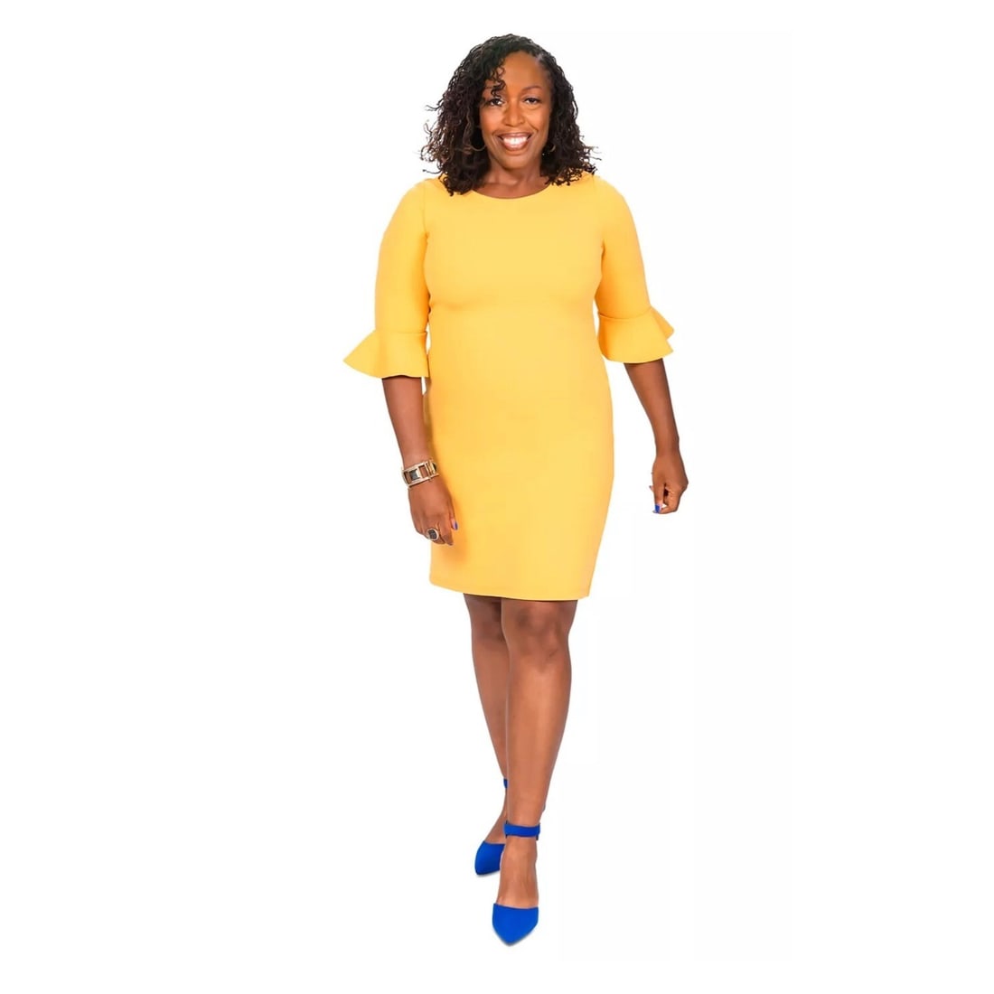 KASPER Gold Sheath Dress with Ruffle Sleeves Women's Size 12 (1 of 1)