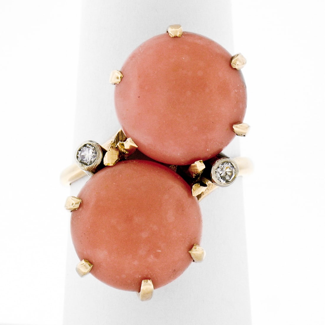 Vintage 14K Yellow Gold Coral Diamond Bypass Cocktail Ring 13.1mm: Vintage 14K Yellow Gold Coral Diamond Bypass Cocktail Ring 13.1mm This exquisite vintage cocktail ring is crafted from solid 14K yellow gold, showcasing a stunning bypass design. The ring features two