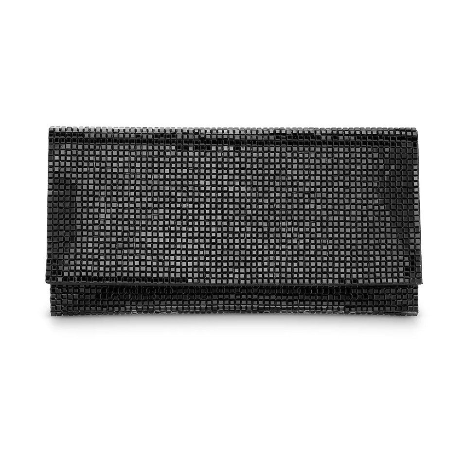 AQUA Black Squares Foldover Chain Crossbody Clutch with Silver Hardware: AQUA Black Squares Foldover Chain Crossbody Clutch with Silver Hardware Elevate your style with the AQUA Squares Foldover Chain Crossbody Clutch in sleek black. This chic clutch combines modern elegan