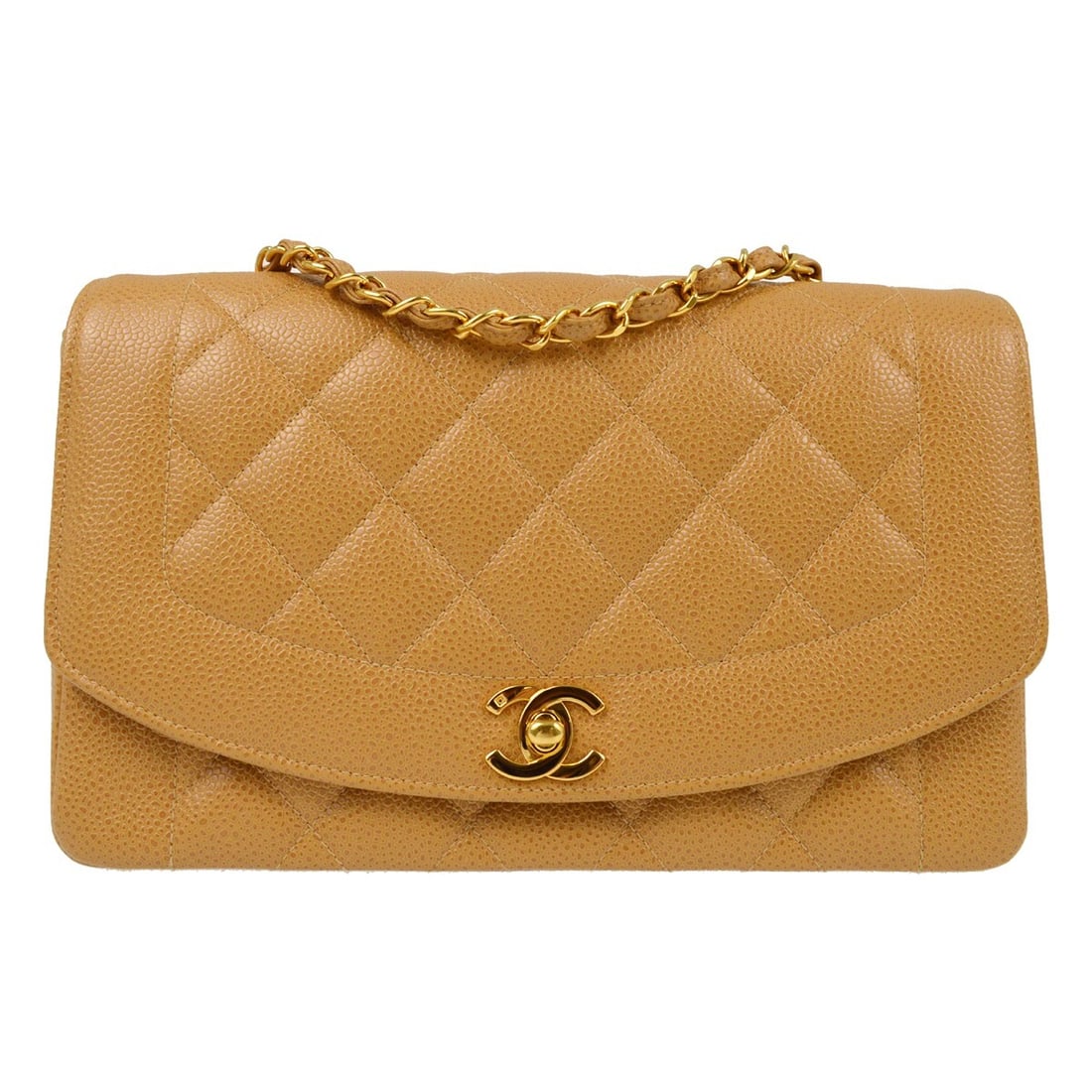 CHANEL Diana Medium Beige Caviar Skin Crossbody Bag: CHANEL Diana Medium Beige Caviar Skin Crossbody Bag This Chanel Medium Diana Shoulder Bag is crafted from beige caviar calfskin and features a crossbody strap for versatile wear. The bag is designed w