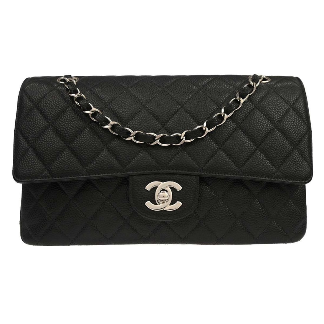 CHANEL Classic Double Flap black calfskin medium shoulder bag: CHANEL Classic Double Flap black calfskin medium shoulder bag This Chanel Classic Double Flap shoulder bag is crafted from black calfskin leather and features a medium size with a structured silhouett