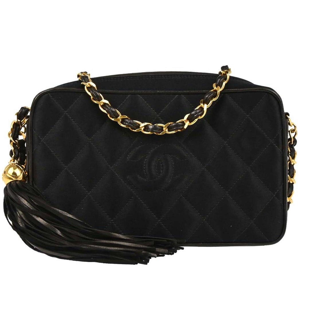 CHANEL Mademoiselle black satin mini crossbody bag: CHANEL Mademoiselle black satin mini crossbody bag This Chanel black satin camera bag features a mini size with a structured silhouette and a crossbody chain strap. The bag is crafted from satin with 