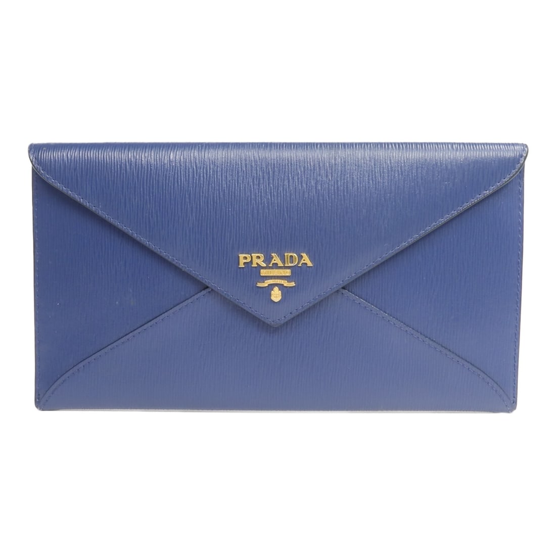 Prada Blue Calfskin Bifold Wallet GHW 1MF175: Prada Blue Calfskin Bifold Wallet GHW 1MF175 This PRADA envelope wallet is crafted from blue calfskin leather and features a bifold design. Designed for women, it offers a stylish and practical access