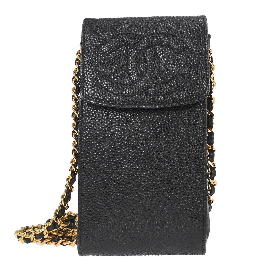 Chanel Caviar Leather Chain Crossbody Phone Pouch with Gold Hardware: Chanel Caviar Leather Chain Crossbody Phone Pouch with Gold Hardware This Chanel chain shoulder bag is crafted from black caviar skin leather and features a flap closure with gold-tone chain strap acc