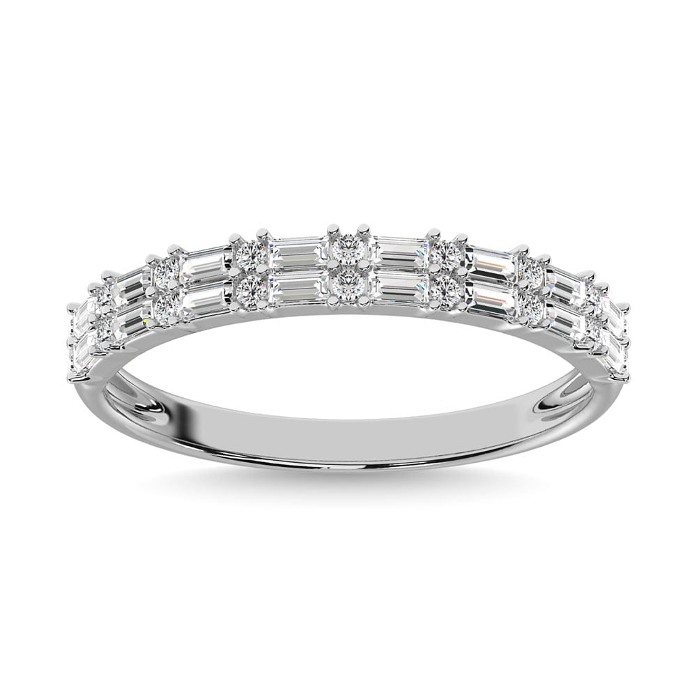 Diamond 1/3 Ct.Tw. Round and Baguette Cut Fashion Band in 10K White Gold: Diamond 1/3 Ct.Tw. Round and Baguette Cut Fashion Band in 10K White Gold 10k White Gold Stone Color: G-h Stone Clarity: I1 Each ring is presented in standard size 6.5. Complimentary resizing is availa