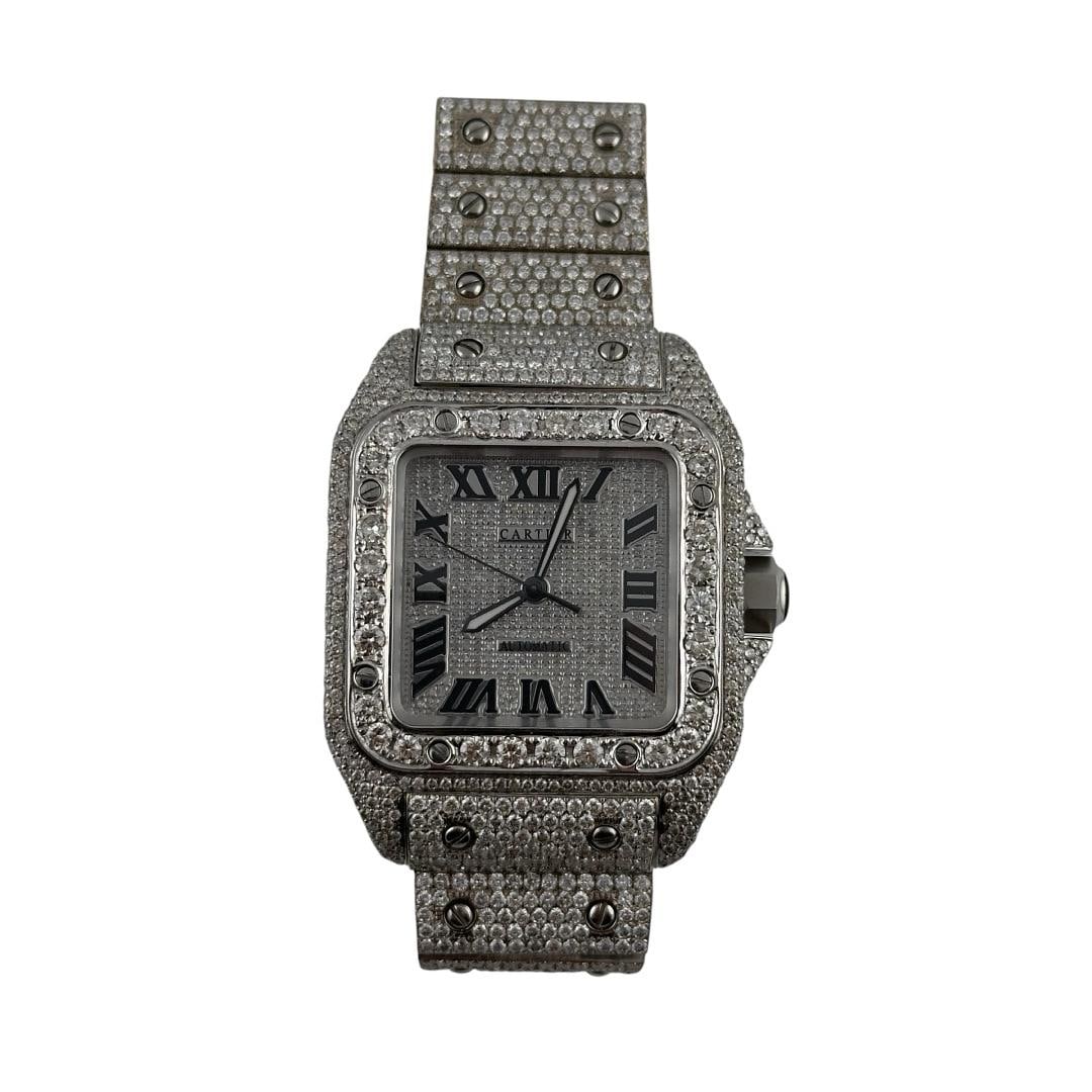Cartier Santos 100 XL Reference 2656 Diamond Roman Dial Aftermarket Iced Out With Papers: Cartier Santos 100 XL Reference 2656 Diamond Roman Dial Aftermarket Iced Out With Papers This Cartier Santos 100 XL watch features an iced-out Roman numeral dial and a diamond bezel. The Aftermarket i