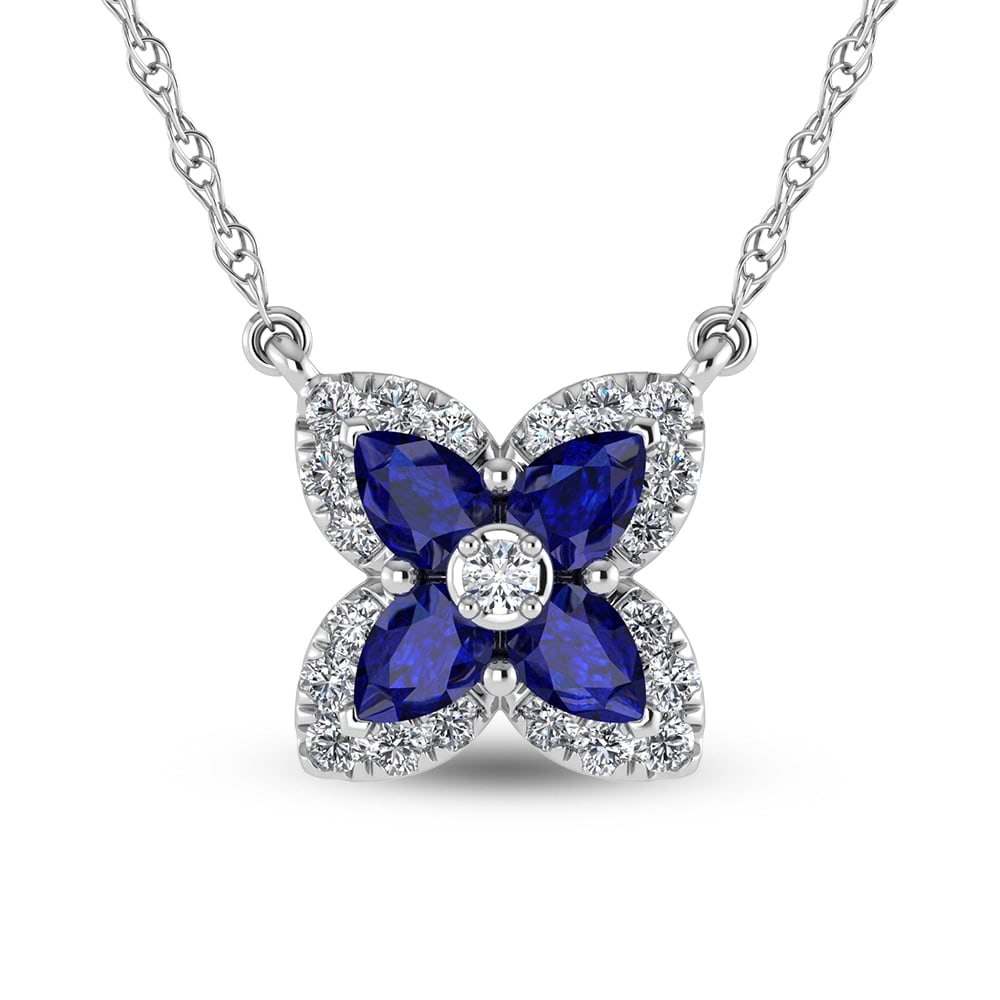 14K White Gold Diamond 7/8 Ct.Tw. & Blue Sapphire Fashion Necklace: 14K White Gold Diamond 7/8 Ct.Tw. & Blue Sapphire Fashion Necklace 14k White Gold Stone Color: G-h Stone Clarity: Si2 Unless otherwise specified, pendants that include a chain are paired with our stan