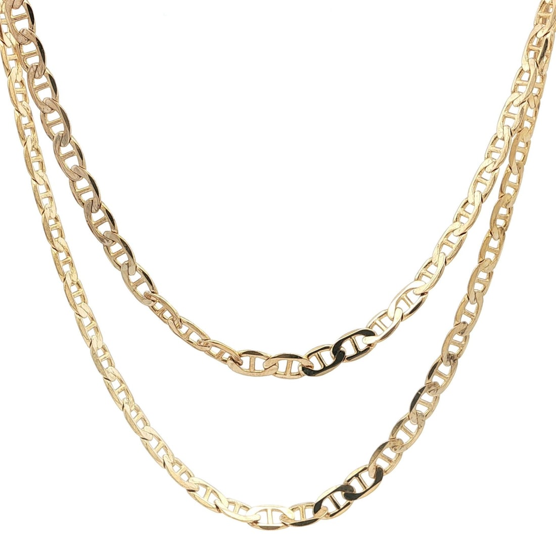 Italian 14k Yellow Gold 20 Inch Flat Mariner Chain Necklace for Men: Italian 14k Yellow Gold 20 Inch Flat Mariner Chain Necklace for Men This men's flat mariner link chain necklace is crafted from solid 14k yellow gold and features a classic 3.3mm wide design. Measurin