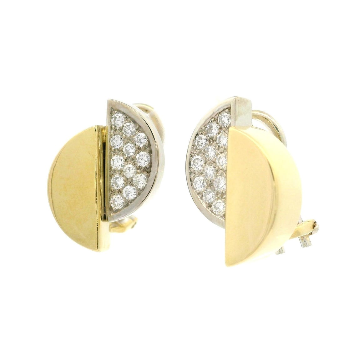 Vintage 18k Gold .65ct Diamond Ying Yang Omega Earrings: Vintage 18k Gold .65ct Diamond Ying Yang Omega Earrings These exquisite Vintage 18k Solid Gold Omega Earrings feature a stunning Ying Yang geometric design, adorned with a total of 24 natural genuine 