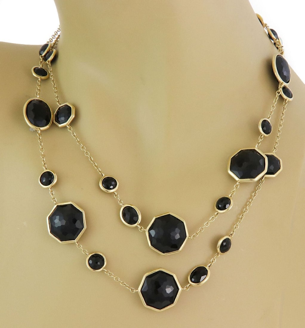 Ippolita Rock Candy black onyx station necklace 18k yellow gold 36: Ippolita Rock Candy black onyx station necklace 18k yellow gold 36 This Ippolita Rock Candy necklace is crafted in 18k yellow gold and features assorted-shape black onyx stations along a long gold cha