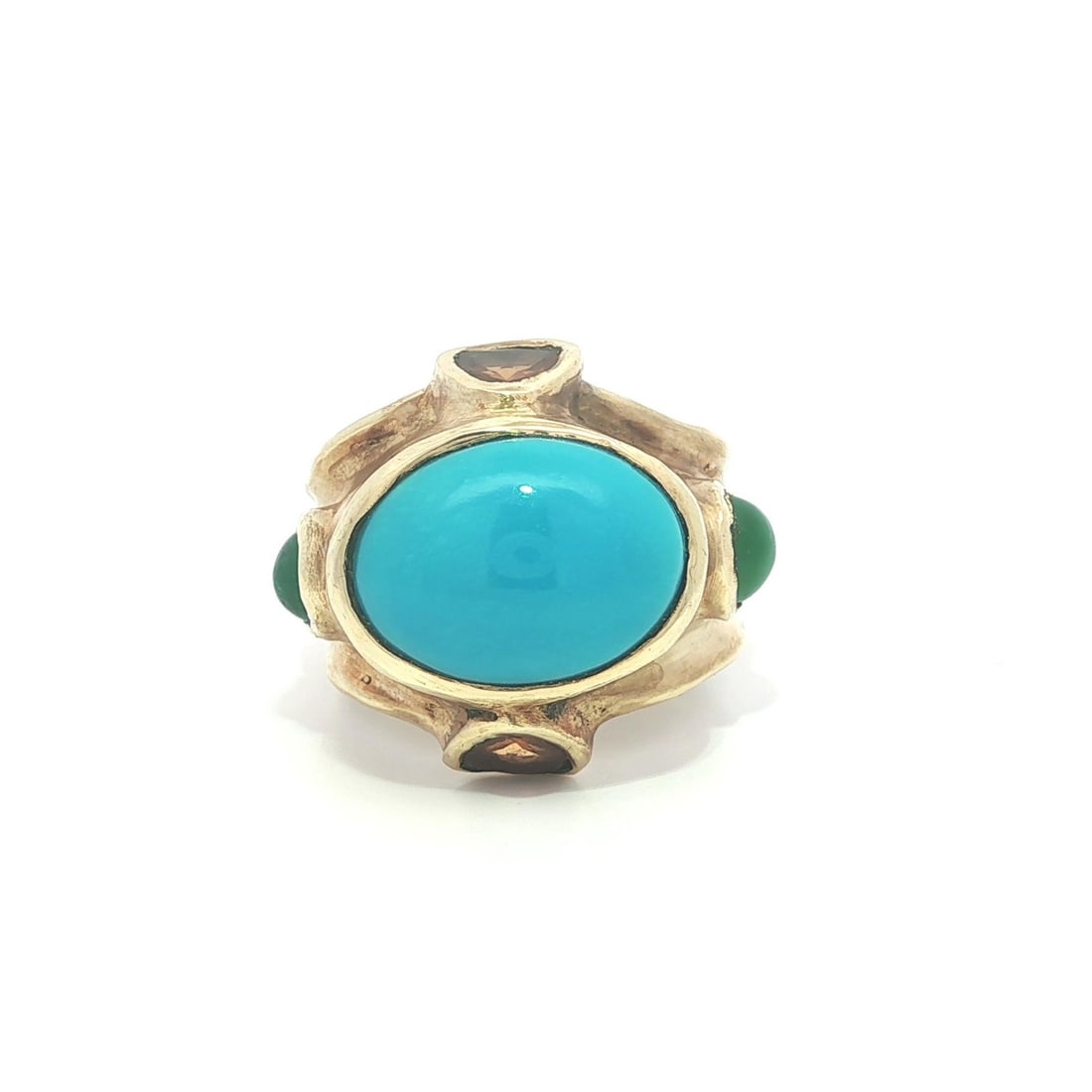 Yellow Gold Ring with Turquoise Green Stones and Citrine Cabochons Size 5.5: Yellow Gold Ring with Turquoise Green Stones and Citrine Cabochons Size 5.5 This hand-sculpted cocktail ring is crafted from solid yellow gold and features a striking arrangement of natural gemstones.