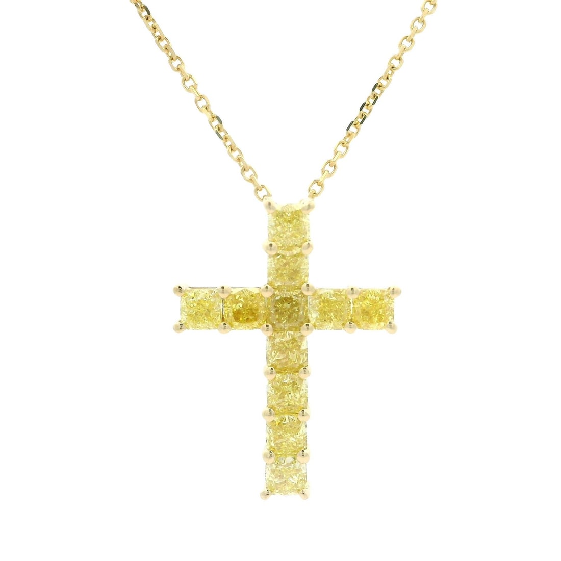 14k Gold 1.86ctw Radiant Cut Fancy Yellow Diamond Cross Pendant Necklace: 14k Gold 1.86ctw Radiant Cut Fancy Yellow Diamond Cross Pendant Necklace This exquisite cross pendant necklace features a stunning arrangement of 11 natural radiant cut fancy yellow diamonds, showcasi