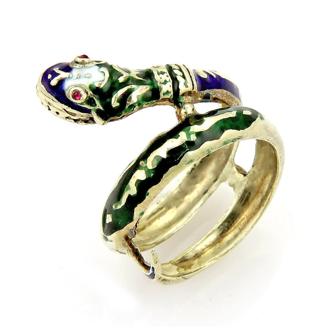 14k Yellow Gold Coiled Snake Ring with Ruby and Enamel Size 9: 14k Yellow Gold Coiled Snake Ring with Ruby and Enamel Size 9 This vintage snake ring showcases a striking coiled serpent design crafted in 14k yellow gold. The ring is accented with vibrant ruby deta