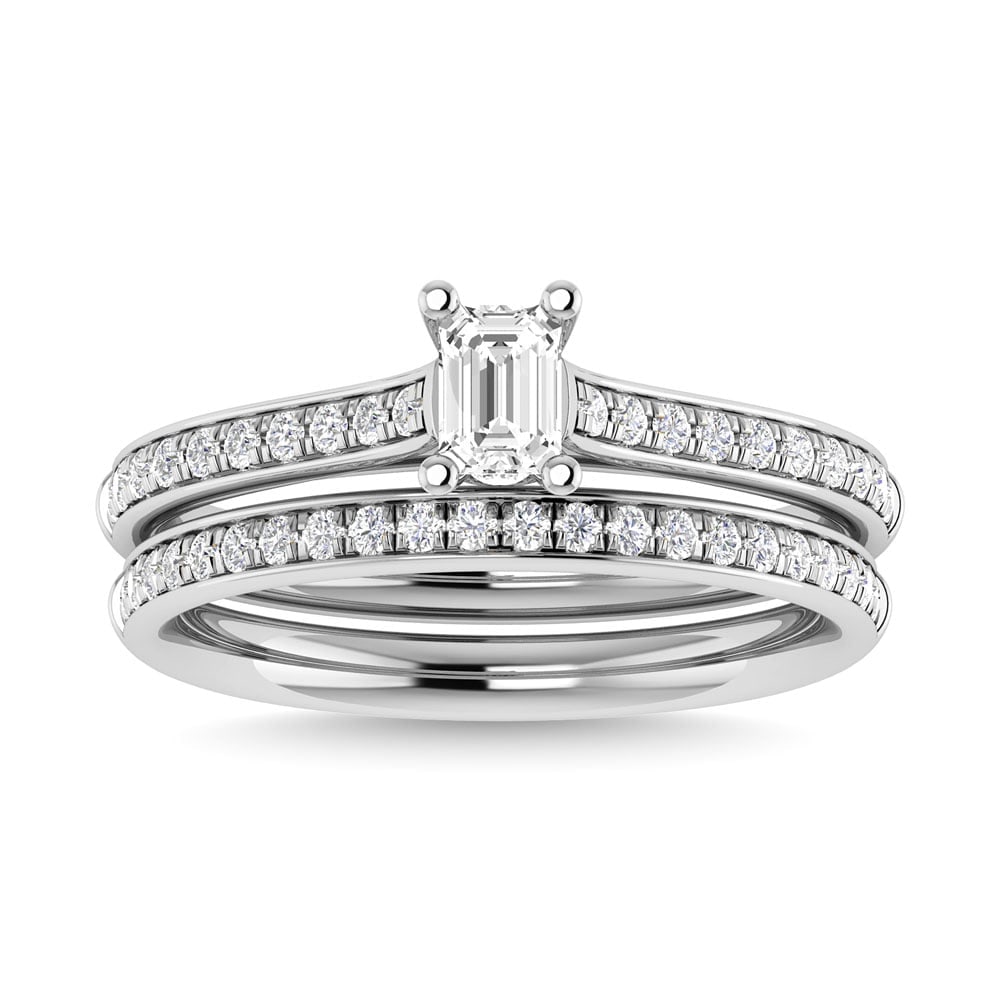 Diamond 3/4 Ct.Tw. Emerald Shape Bridal Ring in 14K White Gold: Diamond 3/4 Ct.Tw. Emerald Shape Bridal Ring in 14K White Gold 14k White Gold Stone Color: G-h Stone Clarity: I1 Each ring is presented in standard size 6.5. Complimentary resizing is available betwee