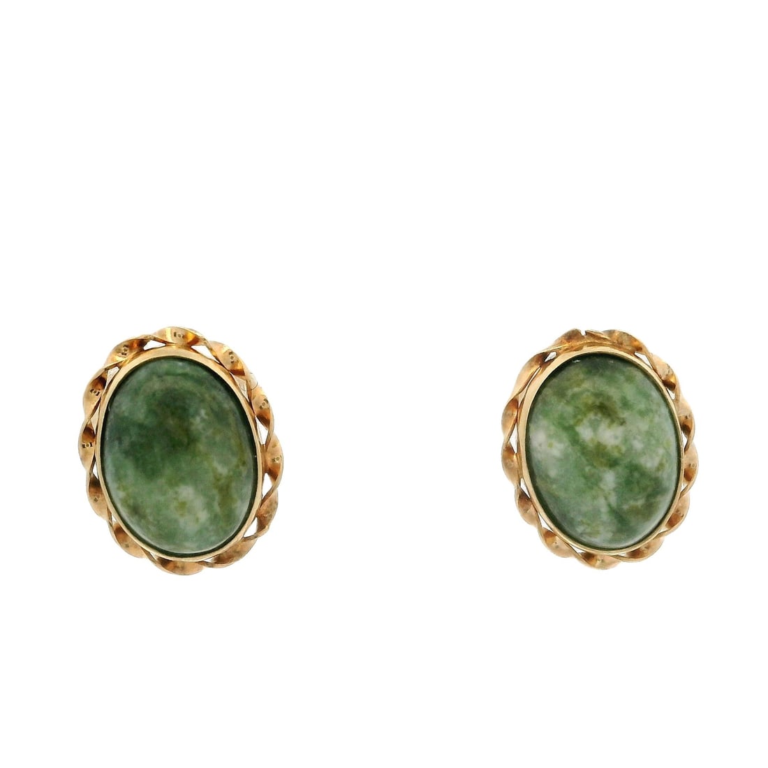 Vintage 14k Yellow Gold Twisted Wire Green Cabochon Stud Earrings: Vintage 14k Yellow Gold Twisted Wire Green Cabochon Stud Earrings Discover these exquisite vintage stud earrings crafted from solid 14k yellow gold, featuring two natural genuine mottled green stones.