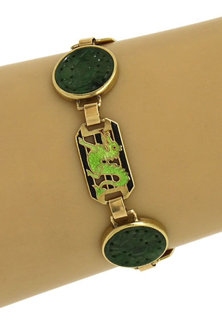 Vintage 14k Yellow Gold Jade Enamel Link Bracelet (1 of 4)