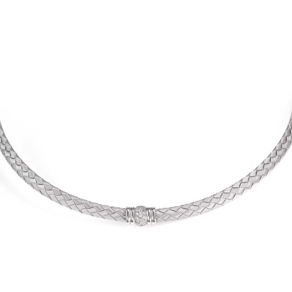 Roberto Coin 18k White Gold Diamond Parquet Choker Necklace: Roberto Coin 18k White Gold Diamond Parquet Choker Necklace Discover the elegance of this Roberto Coin choker necklace, meticulously crafted from 18k white gold with a stunning polished and textured f